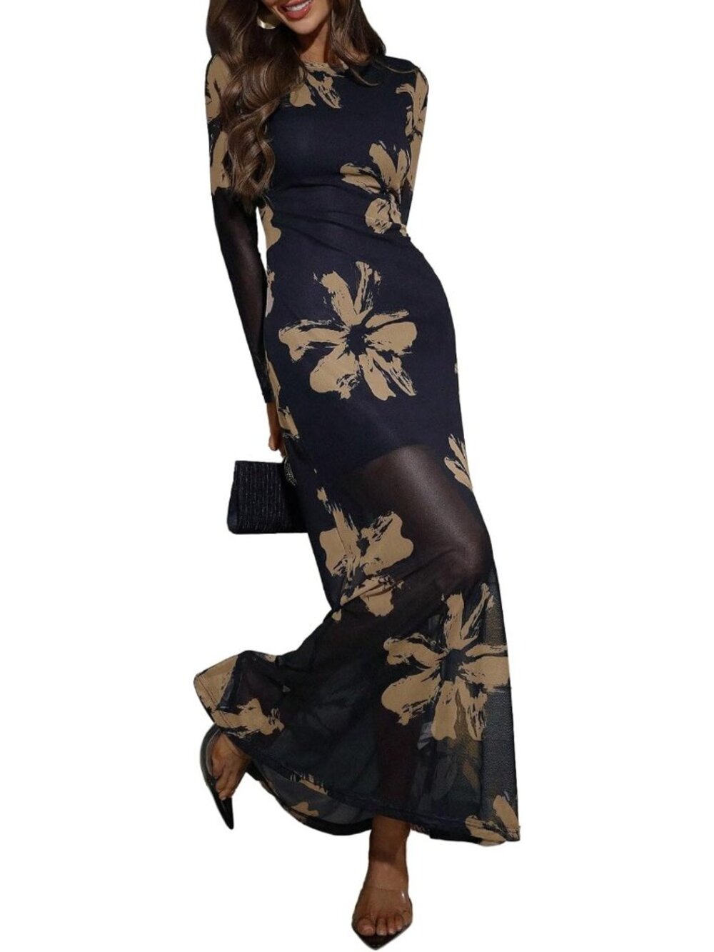 Elegant Floral Maxi Dress for Women | Long Sleeve Fall Wedding Guest Dress